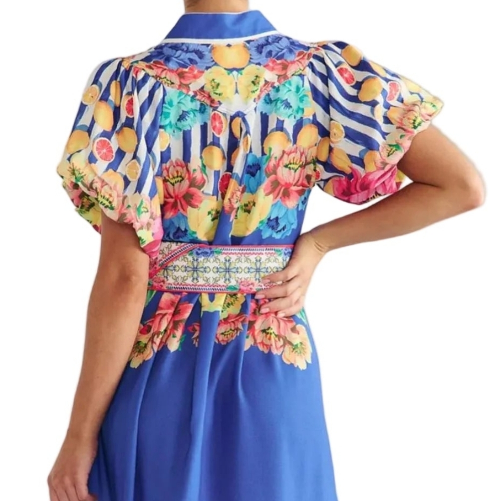 Garden Floral Button-Up Mock Neck Puff Sleeve Wide Belt Slit Front Maxi Dress - Picture 8 of 16